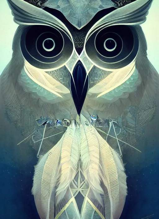 Image similar to portrait of a geometric owl, identical eyes, medium shot, illustration, full body made of white feathers, symmetrical, art stand, super detailed, cinematic lighting, and its detailed and intricate, gorgeous, by peter mohrbacher