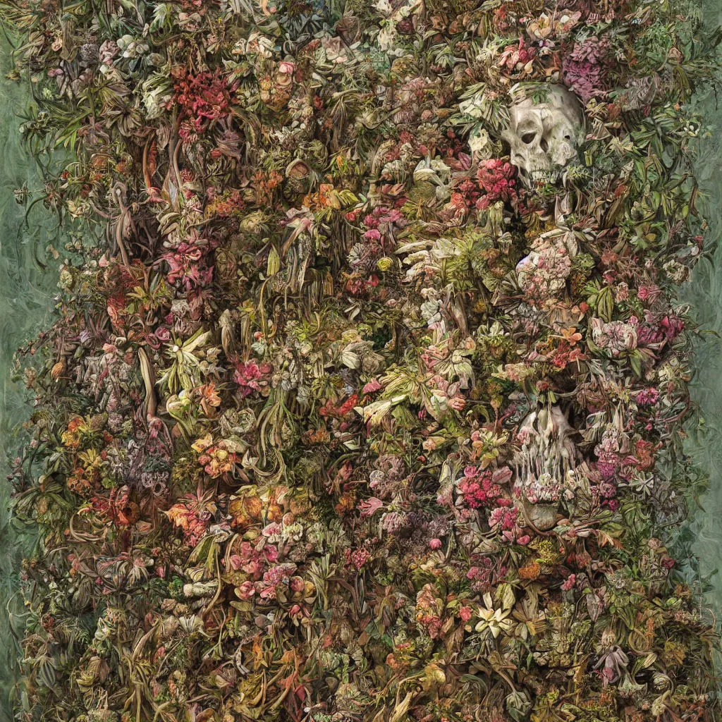 Image similar to a hyper detailed fine painting of a monster made of woods herbs flowers and plants, horror surrealism