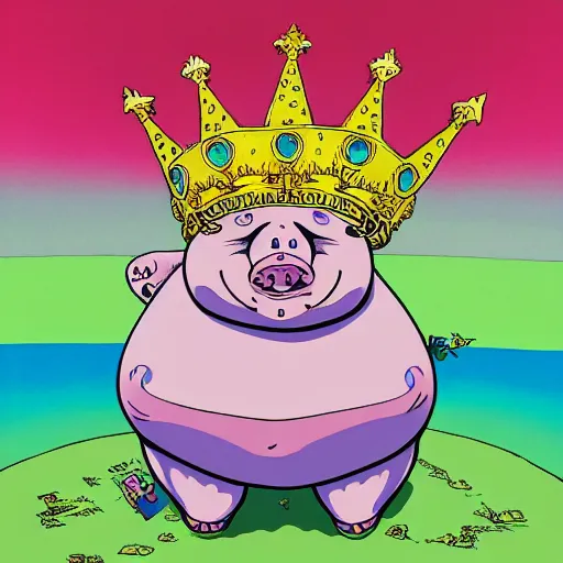 Image similar to trippy comic art of a obese pig wearing a gold crown holding a bottle, drawn by Martin Rowson, Tim Burton, Studio Ghibli, Alex Pardee, Nekro Petros Afshar, James McDermott, colors by lisa frank, unstirred paint, vivid color, cgsociety 4K