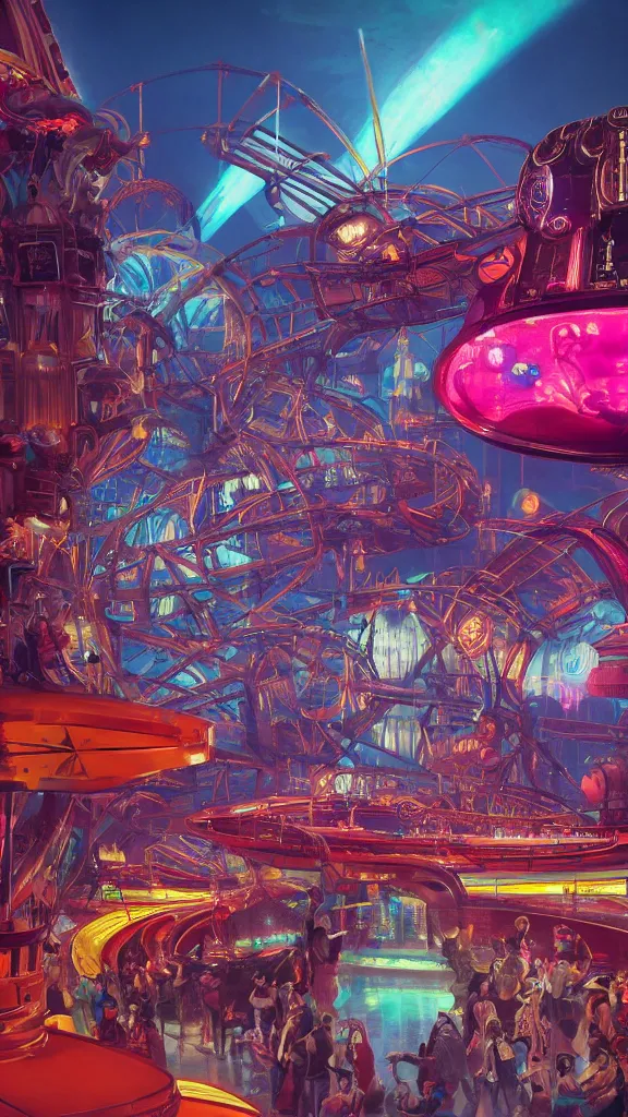 Prompt: concept art, retro - futurist steampunk theme park, imperious, towering rollercoaster, carnival robots, octane render, artstation, dramatic neon lighting, glowing circus motifs, red turquoise accents, bladerunner, by gerald brom, james jean, syd mead, akihiko yoshida, cinematic