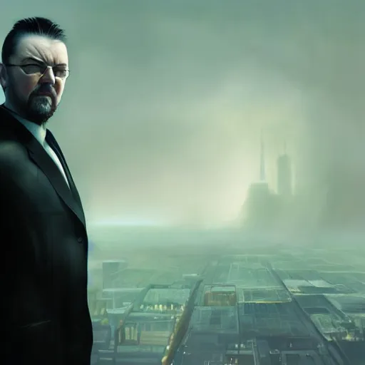 Image similar to closeup portrait of a ricky gervais as a hitman, the matrix, dramatic light, gorgeous view, depth, high detail, digital art, painted by greg rutkowski and seb mckinnon, by tim burton, trending on artstation