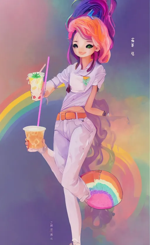 Image similar to a kawaii woman with rainbow hair, happy, summer time, holding boba tea drink, soft eyes and narrow chin, dainty figure, long hair straight down, kawaii shirt and jeans, basic white background, In style of by Jordan Grimmer and greg rutkowski, crisp lines and color