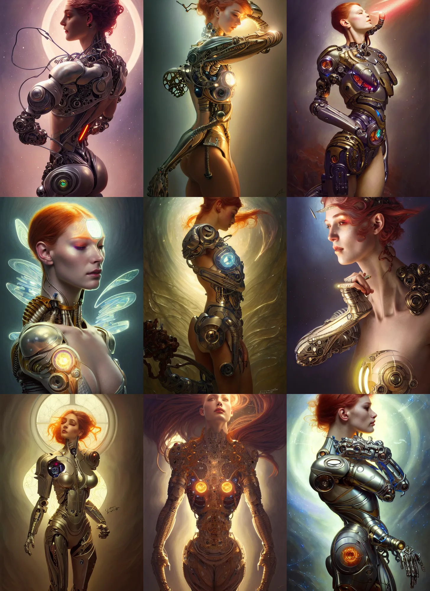 Image similar to cyborg recharging, diffuse lighting, fantasy, intricate, elegant, highly detailed, lifelike, photorealistic, digital painting, artstation, illustration, concept art, smooth, sharp focus, art by John Collier and Albert Aublet and James jean and Brian froud and ross tran and Artem Demura and Alphonse Mucha