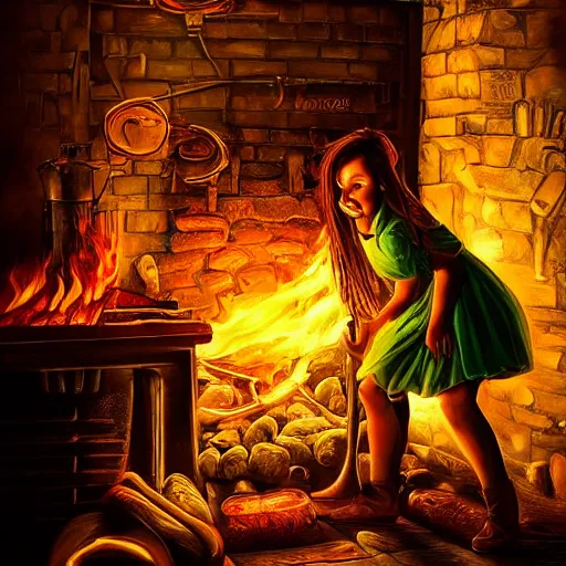 Prompt: the blacksmits’ daughter working in the forge, a smile at her face, dramatic light, fire, fantasy art in the style of Lilia Alvarado,