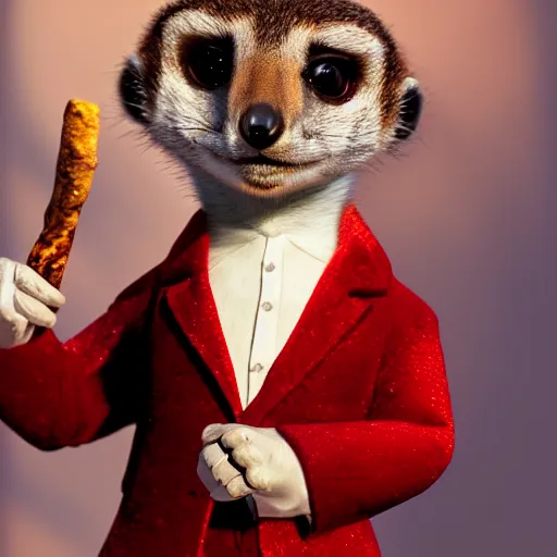 Image similar to Portrait of a meerkat in a red velvet suit with a tobacco pipe and monocle, elegant, fantasy, 8k, artstation, very high detail, photorealistic, sharp focus, illustration, concept art, volumetric lighting