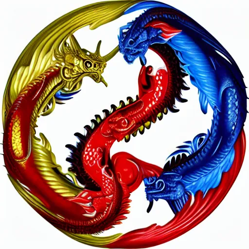 Prompt: chinese dragons chasing each other, ying yang, blue and red, hyper realistic, fire