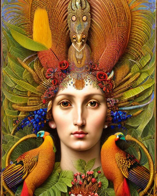 Image similar to hyperrealistic detailed face portrait of the beautiful goddess of the golden pheasants with an intricate headgear of golden pheasant, red berries, leaves, field flowers, pears, apples, art by ernst haeckel, john william godward, android jones, h. r. giger, gothic - cyberpunk, ornamental,