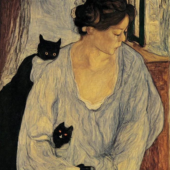 Prompt: close portrait of woman in night gown with cat, with city with gothic cathedral seen from a window frame with curtains. thunderstorm. caravaggio, egon schiele, bonnard, henri de toulouse - lautrec, utamaro, monet