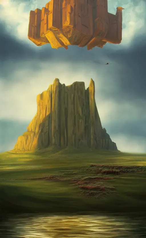 Image similar to hyperrealist painting of a giant flying cube from howl's moving castle ( 2 0 0 4 ) in a flooded monument valley stonehenge jungle. 1 9 7 0 s science fiction, moody, misty, depth perception, 4 k, artstation, in the style of studio ghibli