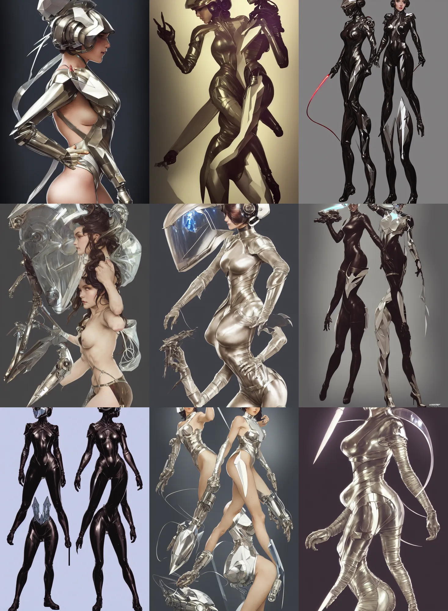 Image similar to a full body character design by artgerm, cushart krenz, greg rutkowski and alphonse mucha. sci - fi dagger. laser and translucent plastic tape project show attctive showgirl!! sci - fi helmet!! sharp edges. ultra clear detailed. contour light effect!! 8 k. ultra detailed, elegant, intricate, octane render.