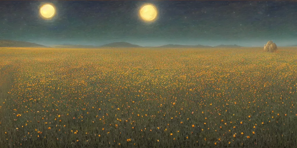 Image similar to field of flowers at night, lit by moonlight, grand landscape art by donato giancola and greg rutkowski, vintage retro, digital art, trending on artstation, symmetry!!, volumetric lighting