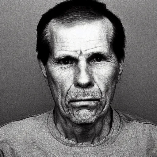Prompt: A mugshot portrait of an old man who looks like Jerma985 with a receded hairline and short mid-length greying wavy hair, wearing mid-1980s menswear in the late 2000s, taken in the mid 2000s, grainy, realistic, hyperrealistic, very realistic, highly detailed, very detailed, extremely detailed, detailed, trending on artstation, front facing, front view, headshot and bodyshot, detailed face, very detailed face