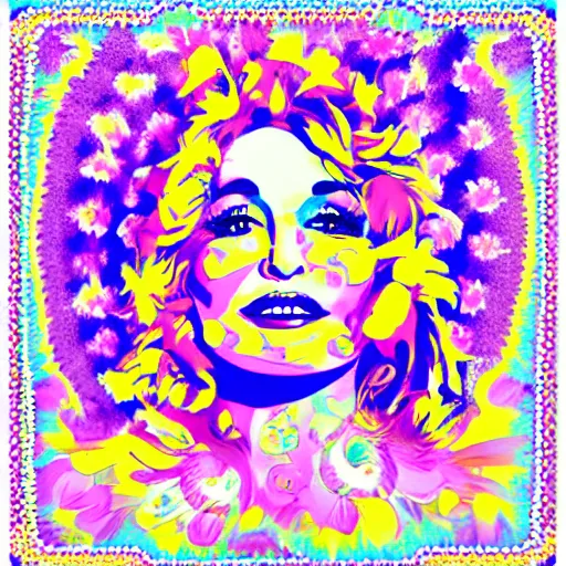 Prompt: flower child, Dolly Parton, graphic design, psychedelic, retro