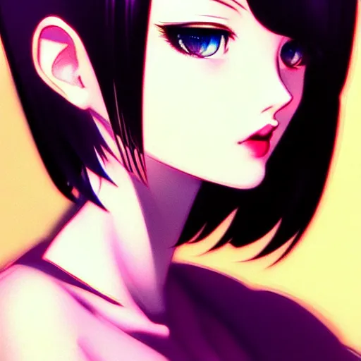 Image similar to cute girl short silky hair velvet film occlusion shadow specular reflection rim light unreal engine artstation pinterest art by hiroaki samura range murata and ilya kuvshinov intricate highly detailed 8 k art deco illustration realistic extremely beautiful shape of face neck shoulders eyes