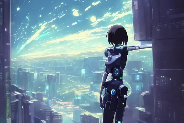 Prompt: makoto shinkai. robotic android girl. futuristic cyberpunk. dystopia. vibrant nebula sky............................................. robotic wired arm