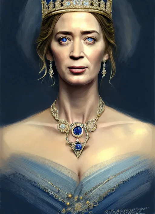 Image similar to portrait of emily blunt as queen, jewelry, greek, sapphire, victorian age, 1 8 9 0, intricate, headshot, key visual, conceptart, ambient lighting, highly detailed, digital painting, artstation, concept art, sharp focus, by makoto shinkai and akihiko yoshida and greg manchess