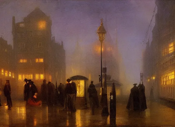 Image similar to 1 9 th century london, art by caspar david friedrich, thomas lawrence, john martin, dark, nigt, pub, pub sign, floor fog, coherent composition,