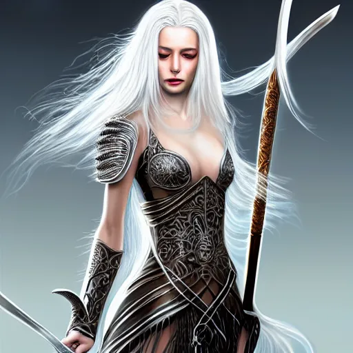 Image similar to full body painting of a woman with flowing luscious glowing white hair standing whilst holding a sword, wearing intricate plate - armor and leather underneath. intricate, elegant, highly detailed, digital painting, artstation, concept art, smooth, sharp focus, illustration, by terry wei, qiu fang, tooth wu, kan liu, siwoo kim, jisu choe