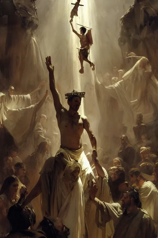 Prompt: beautiful oil painting portrait of ancient roman god emperor steve buscemi hovering in the air wearing the civic crown levitating and ascending in stations of the cross pose, art by anders zorn, wonderful masterpiece by greg rutkowski, expressive brush strokes, beautiful cinematic light, american romanticism by greg manchess, jessica rossier