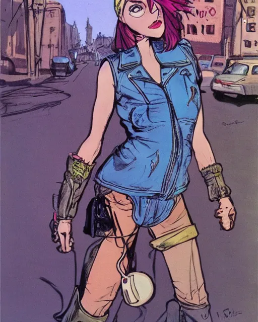 Image similar to young female protagonist in leather jacket, city street, artwork by ralph bakshi