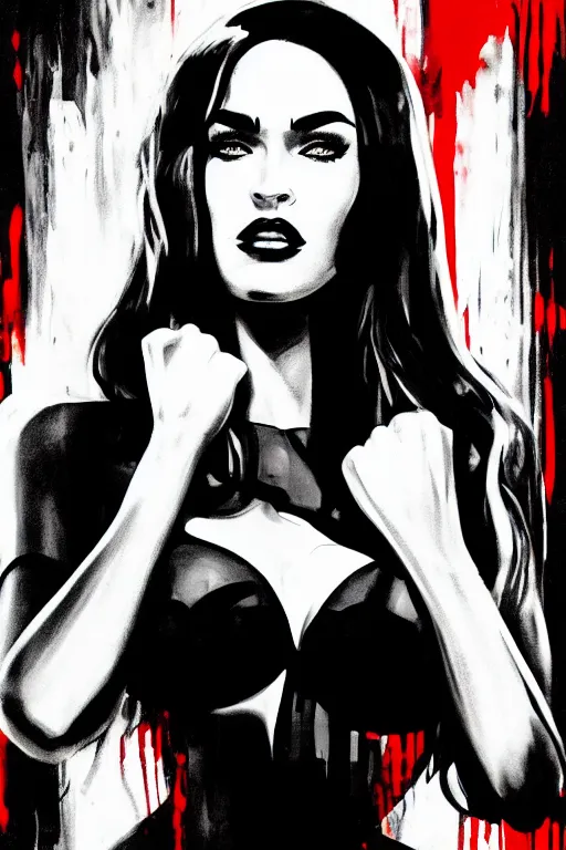 Image similar to dream of a film still from sin city, closeup portrait of film noir megan fox private detective, detailed illustration, digital art, trending on artstation, frank miller, martin ansin, movie poster, dripping paint, red on black, graffiti, gta v,