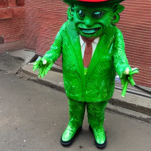 Image similar to Green man with a smug face and a fedora, wearing colorful outfit, uneven arms, in an alleyway, photo