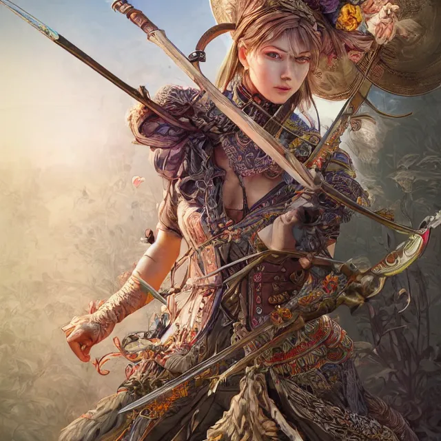 Image similar to the portrait of lawful neutral semi - colorful female archer huntress as absurdly beautiful, gorgeous, elegant, young girl, an ultrafine hyperdetailed illustration by kim jung gi, irakli nadar, intricate linework, bright colors, octopath traveler, final fantasy, unreal engine 5 highly rendered, global illumination, radiant light, detailed and intricate environment