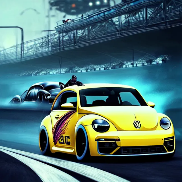 Image similar to epic professional digital art of year 2010 Volkswagen Beetles drag racing ,best on artstation, cgsociety, wlop, Behance, pixiv, astonishing, impressive, outstanding, epic, cinematic, stunning, gorgeous, concept artwork, much detail, much wow, masterpiece.