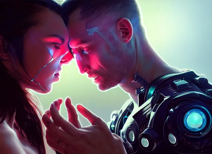 Image similar to ultra realistic medium shot of a couple of cyborgs kissing, lovers, cyberpunk, sci - fi, kodak, faces, colour led, soft light, volumetric lighting, fog, rays, night, intricate detailed, digital painting, concept art, smooth, sharp focus, illustration, art by artgerm and greg rutkowski and alphonse mucha