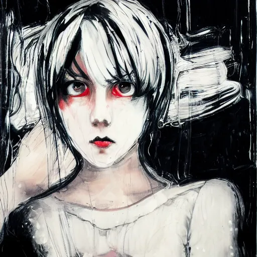 Image similar to Renaissance oil portrait of a manga style girl with short white hair and black eyes in the style of Yoshitaka Amano, abstract black and white background, large film grain, expressive brush strokes