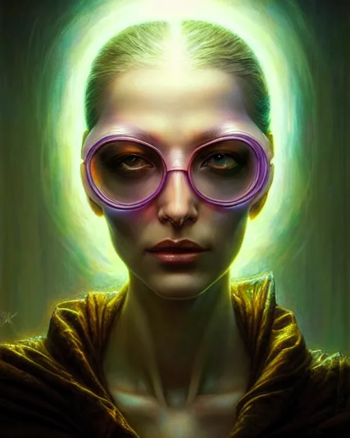 Prompt: a detailed portrait of cyberpunk female model glasses ( dna ) fractal ( glass ) ( glow ) beautiful! ( ( glowing mask ) ) by tomasz alen kopera and peter mohrbacher and johanna martine! and margaret keane! elegant alluring seductive luminescent