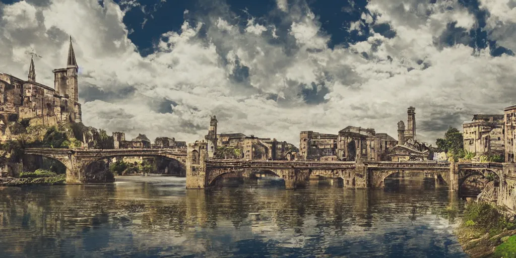 Image similar to Illustration, single long narrow huge ancient city on a narrow sky high bridge, over water, really long, all buildings on bridge, tall arched bridge holding the city in the clouds