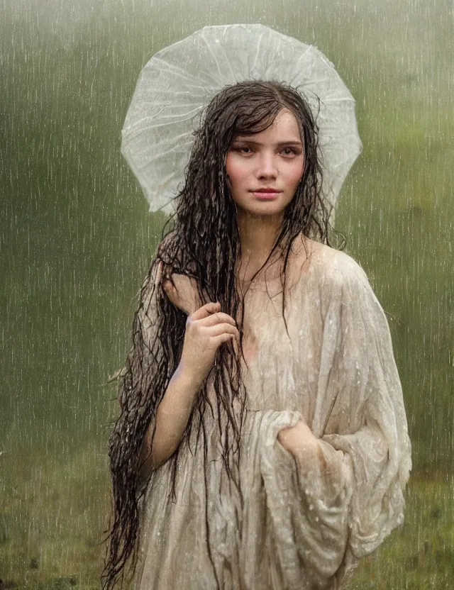 Prompt: wet long hair very beautiful happy peasant girl under the rain, country style, portrait, Cinematic focus, Polaroid photo, vintage, neutral colors, soft lights, foggy, by Steve Hanks, by Serov Valentin, by lisa yuskavage, by Andrei Tarkovsky 8k render, detailed, oil on canvas