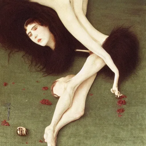 Prompt: Things fall apart, the centre cannot hold, mere anarchy is loosed upon the world, painted by Fernand Khnopff