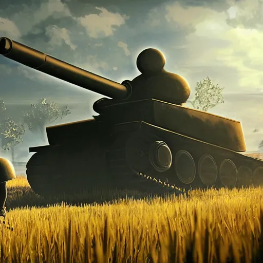 Prompt: a very high resolution image from nier : automata, featuring 9 s android fighting a t 3 4 tank in yellow rye field under pure blue skies