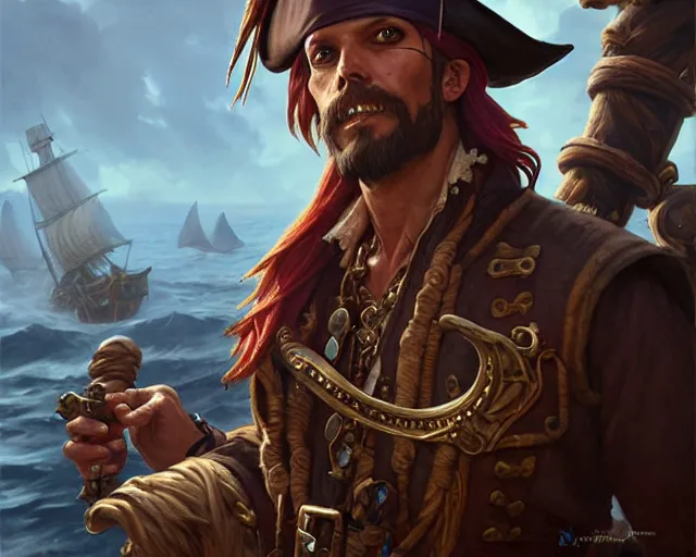 Prompt: male pirate at the helm, deep focus, d & d, fantasy, intricate, elegant, highly detailed, digital painting, artstation, concept art, matte, sharp focus, illustration, hearthstone, art by artgerm and greg rutkowski and alphonse mucha