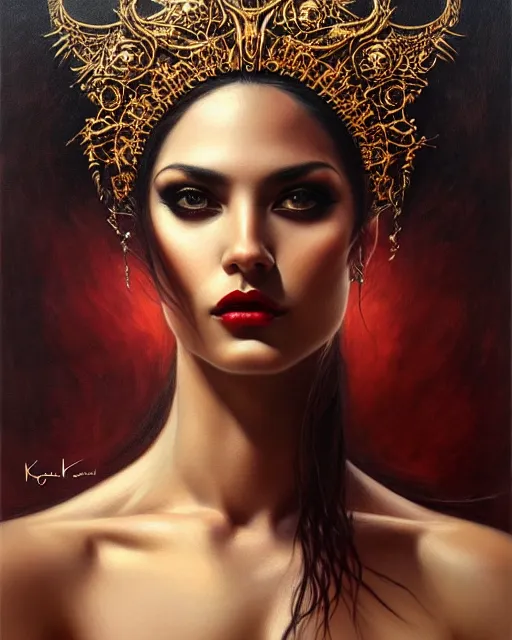 Image similar to portrait of a beautiful goddess, enigmatic beauty, dominant shades of black, gold silver, dark red, white, head in focus, fantasy art, ornamental aesthetics, intricate, elegant, highly detailed, hyperrealistic painting, artstation, concept art, painterly, sharp focus, illustration, art by karol bak