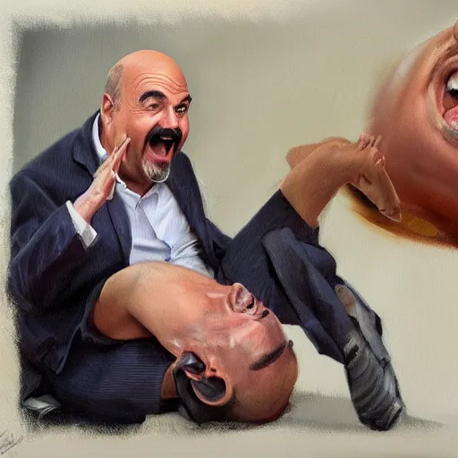 Prompt: highly detailed oil painting, concept art, dr phil laughing while kicking a sitting kid in the face, concept art, highly detailed