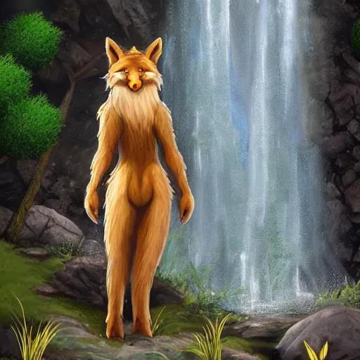 Prompt: fantasy furry art of a noble anthro!!!!!! werefox standing in front of a waterfall, photorealistic, award winning, FurAffinity