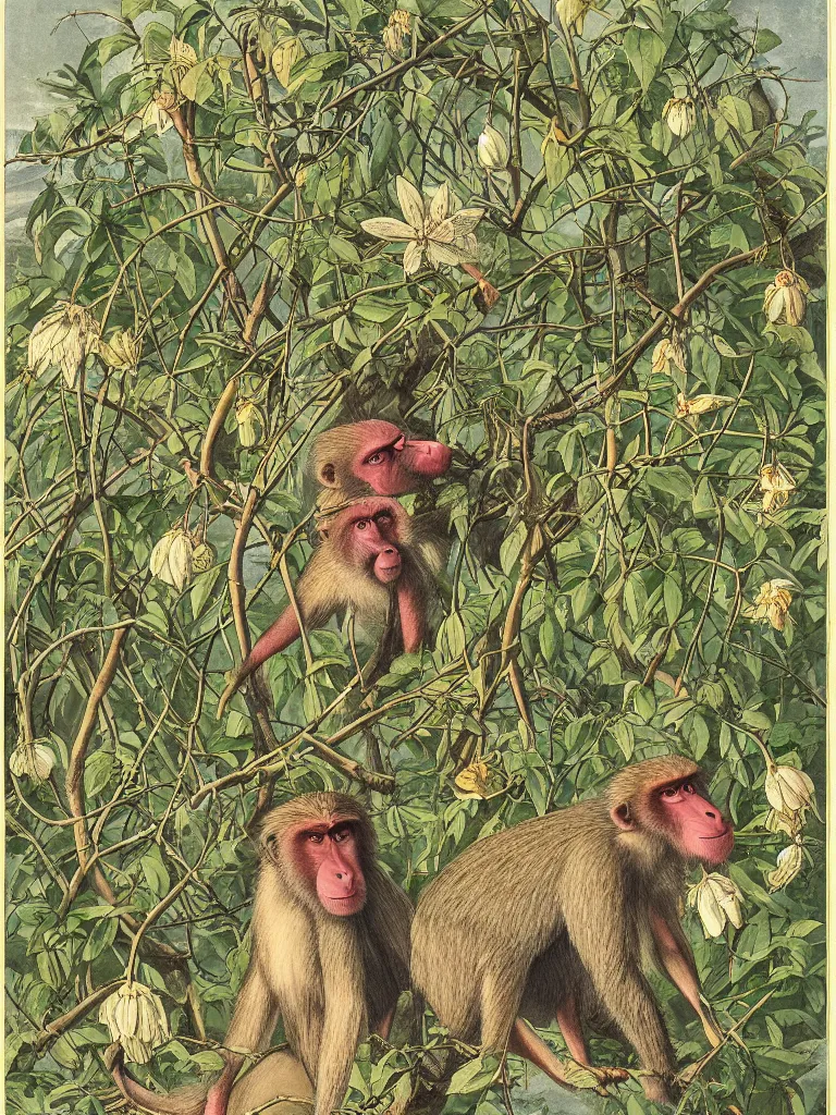 Image similar to mandrill baboon and many flowers and wild thorns in gold, walton ford