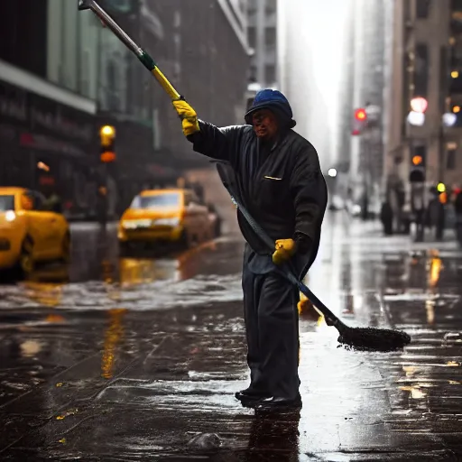 Image similar to closeup portrait of a cleaner with a mop fighting puddles in rainy new york street, by Steve McCurry and David Lazar, natural light, detailed face, CANON Eos C300, ƒ1.8, 35mm, 8K, medium-format print