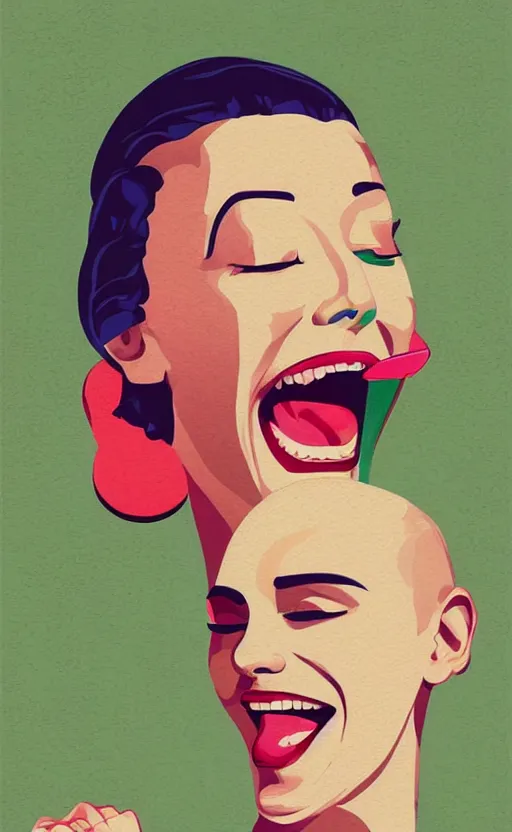 Prompt: illustration portrait of a woman with white buzzcut laughing out loud, art deco painting by tom whalen, by tomer hanuka, funny meme photo, trending on behance, digital illustration, storybook illustration, grainy texture, flat shading, vector art, airbrush, pastel, watercolor, poster