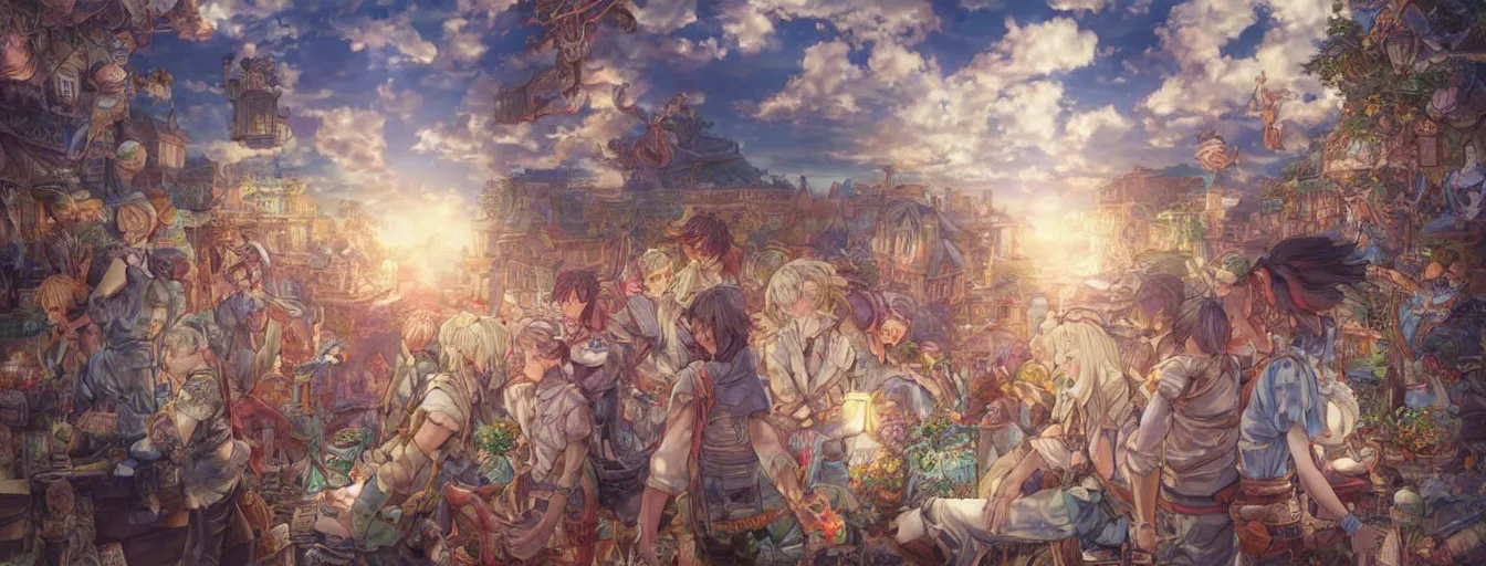 Prompt: dreams and hopes reaching into the heavens. hyperrealistic anime background illustration by kim jung gi, colorful, extremely detailed faces, intricate linework, smooth, super sharp focus, bright colors, high contrast, matte, octopath traveler, unreal engine 5 highly rendered, global illumination, radiant light