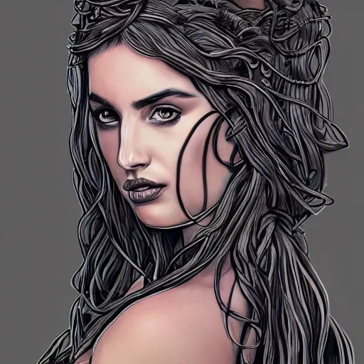 Prompt: ana de armas portrait as medusa from greek mythology, living venomous snakes in place of hair, ink drawing, trending on artstation, by alphonso dunn