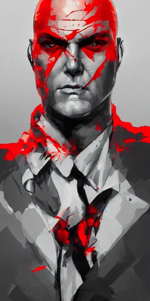 Image similar to a portrait of agent 4 7 from hitman wearing headphones, dark background, red rim light, digital art, artstation, art by yoji shinkawa