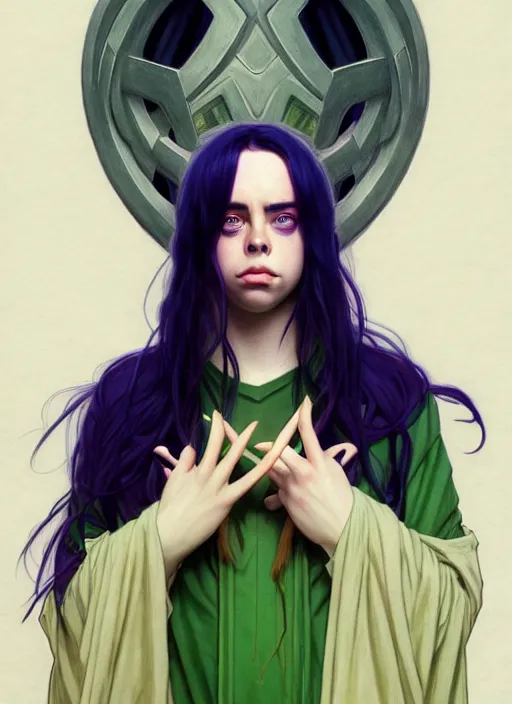 Image similar to Billie Eilish as Female Loki, very detailed, digital art, trending on artstation, concept art, smooth, illustration, art by artgerm and greg rutkowski and alphonse mucha and Edmund Blair Leighton and Katsuhiro Otomo and Geof Darrow and Phil hale and Ashley wood