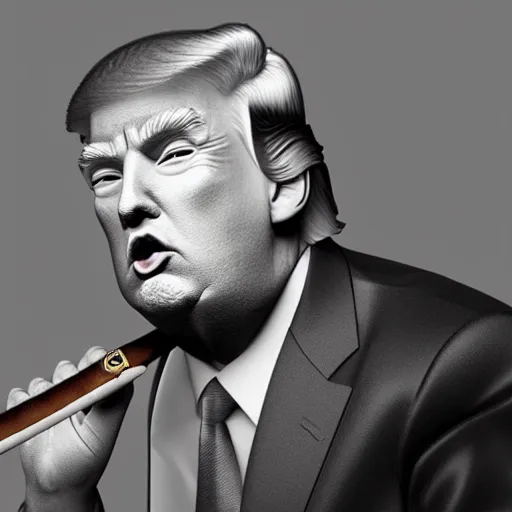 Prompt: a high quality photo of donald trump smoking a cigar, anatomically accurate eyes, 3d scene, render, ultra realistic, artstation, cgsociety