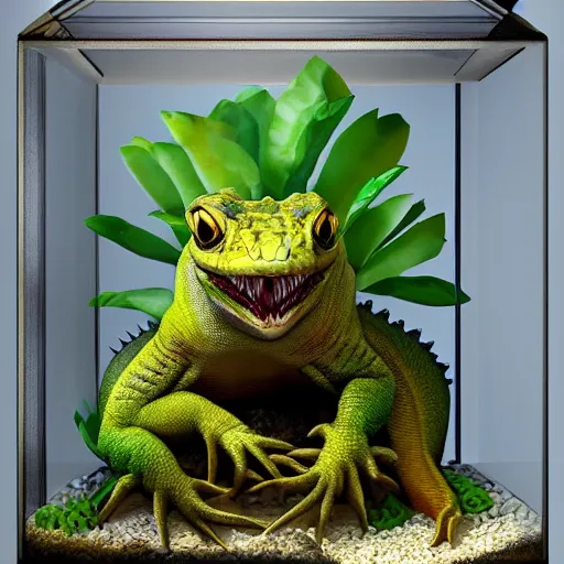 Prompt: consept art angry gecko sitting inside a terrarium, soft lightning, 8 k resolution, rtx, artstation trending