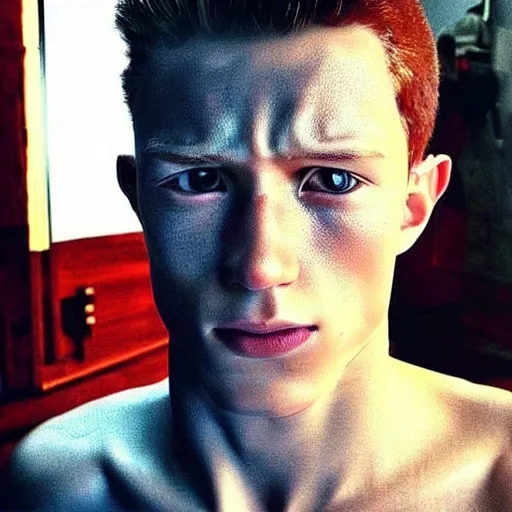 Image similar to “a realistic detailed photo of a guy who is the terminator robot, who is a male android, Tom Holland, shiny skin, red eyes, posing like a statue, blank stare”