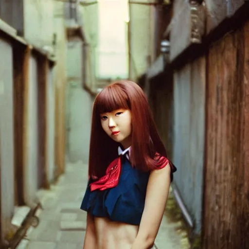 Prompt: 2000s perfect 8K HD professional photo of close-up japanese schoolgirl posing in sci-fi dystopian alleyway, at instagram, Behance, Adobe Lightroom, with instagram filters, depth of field, taken with polaroid kodak portra